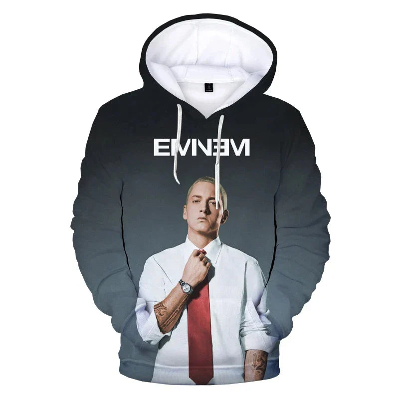 Black hoodie with white interior lining and drawstrings featuring rapper 3d printed graphic of eminem in a red tie
