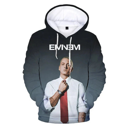 Black hoodie with white interior lining and drawstrings featuring rapper 3d printed graphic of eminem in a red tie