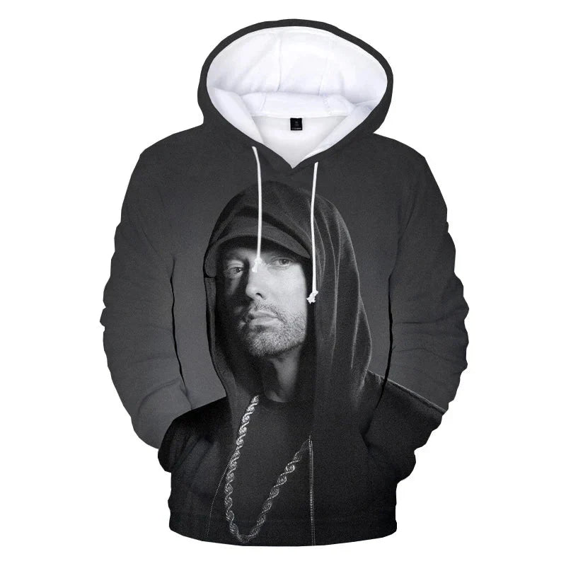 Black hoodie with rapper 3d printed grayscale eminem portrait, white drawstrings, sleeve sweatshirts men and women autumn pullover
