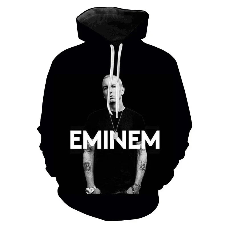 Black hoodie featuring rapper 3d printed eminem graphic and bold white lettering for sleeve sweatshirts men and women