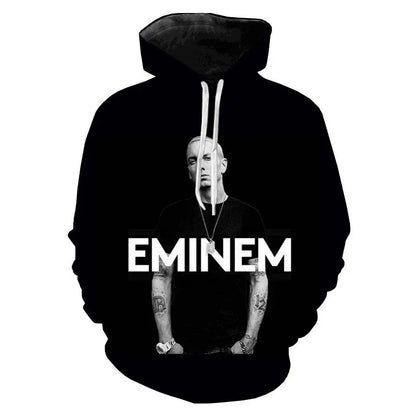 Black hoodie featuring rapper 3d printed eminem graphic and bold white lettering for sleeve sweatshirts men and women
