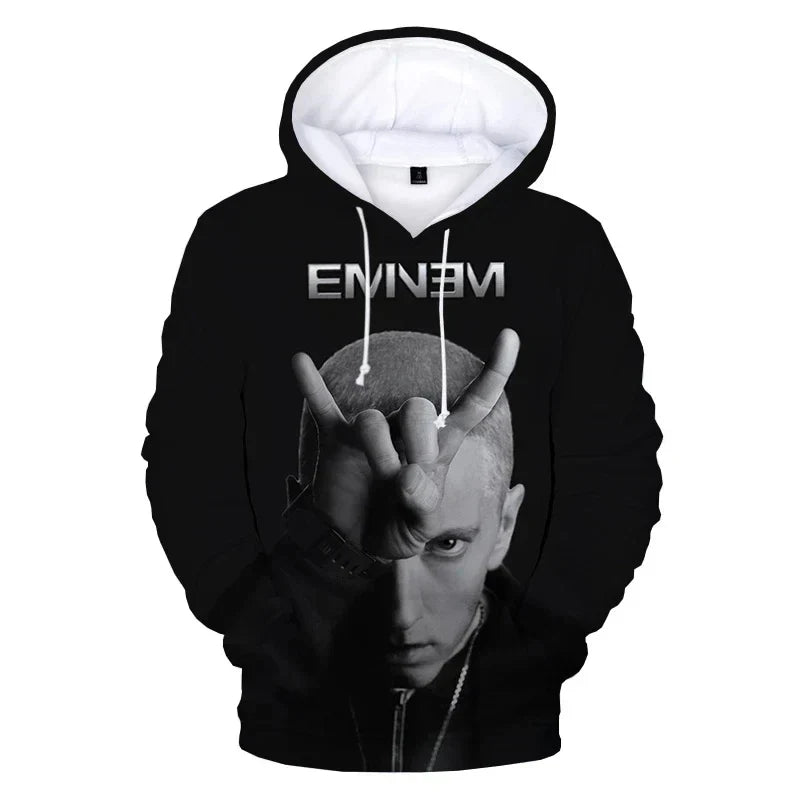 Black hoodie with white drawstrings and printed eminem hoodies featuring rapper 3d printed graphic for men sleeve sweatshirts