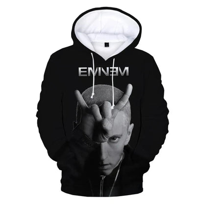Black hoodie with white drawstrings and printed eminem hoodies featuring rapper 3d printed graphic for men sleeve sweatshirts