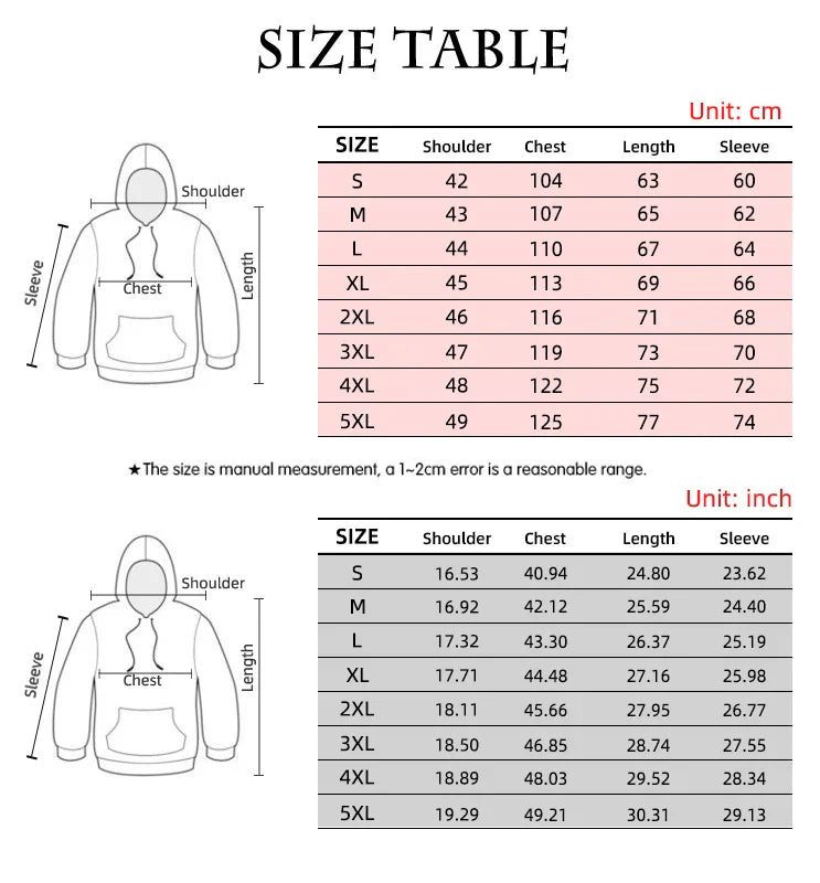 Hoodie size chart with measurements in cm and inches for rapper 3d printed eminem hoodies sleeve sweatshirts men s to 5xl