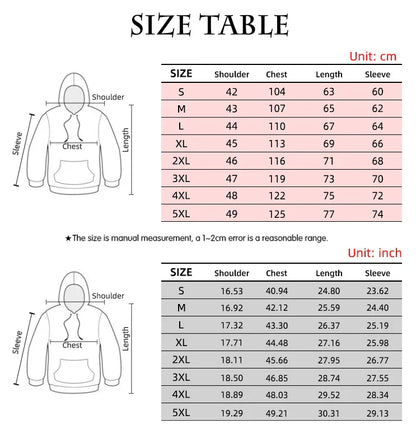Hoodie size chart with measurements in cm and inches for rapper 3d printed eminem hoodies sleeve sweatshirts men s to 5xl