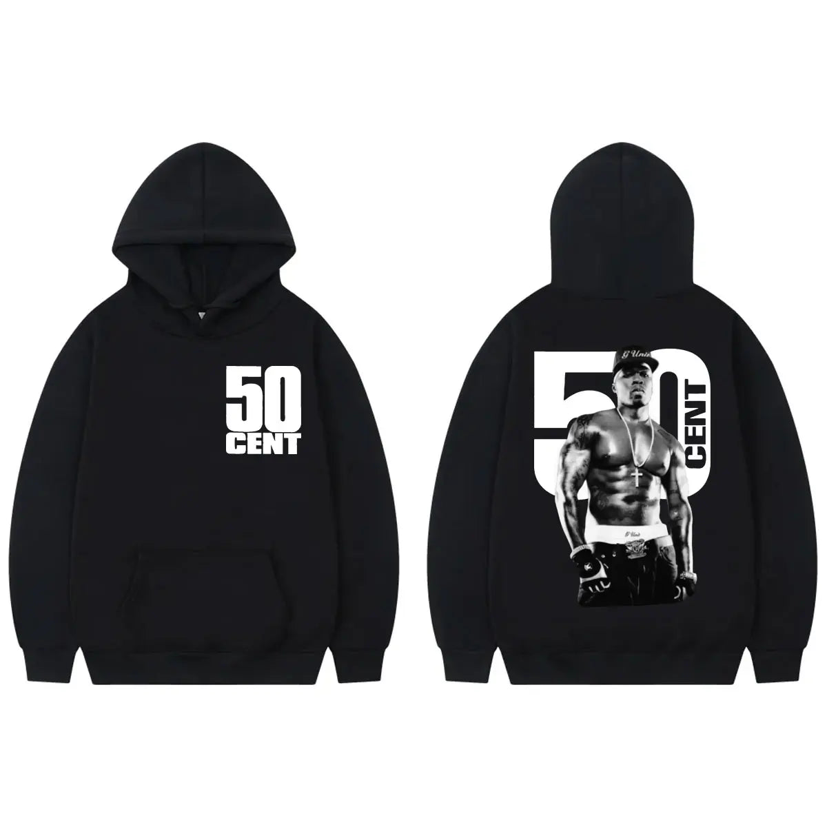 Black hoodie featuring bold white 50 cent double sided print with hip hop vintage portrait on back vintage hooded sweatshirts
