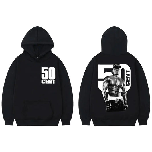 Black hoodie featuring bold white 50 cent double sided print with hip hop vintage portrait on back vintage hooded sweatshirts