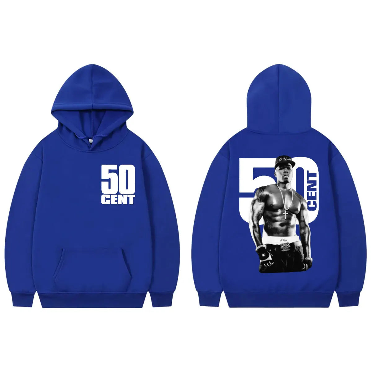 Royal blue rapper 50 cent double sided print hoodie featuring bold white graphic front and hip hop vintage portrait back