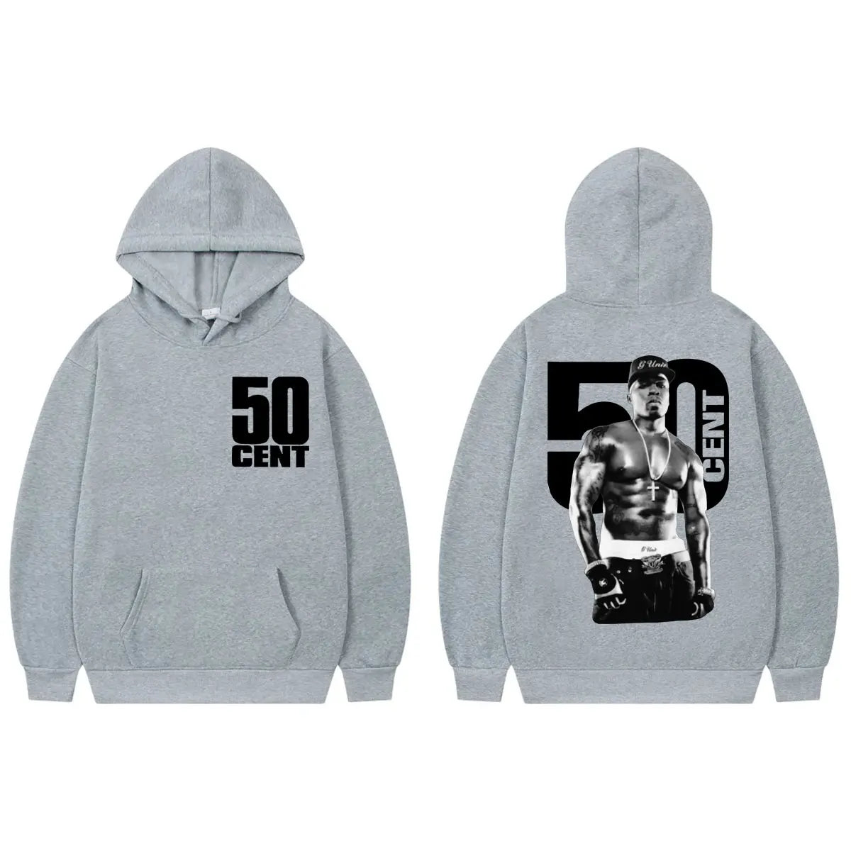 Gray hoodie featuring a black 50 cent double sided graphic and bold text in a hip hop vintage style vintage hooded sweatshirts