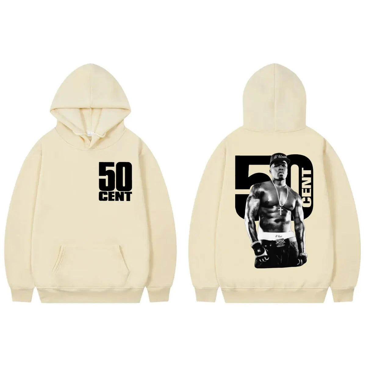 Cream-colored hoodie with cent double sided black graphic print and bold text 50 cent hip hop vintage vintage hooded sweatshirts