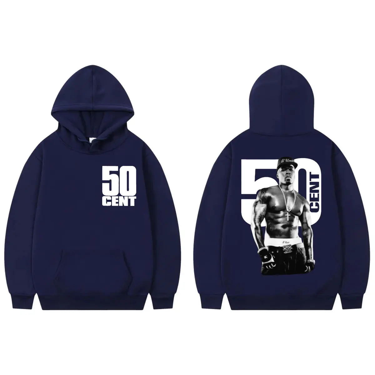 Navy blue cent double sided hoodie with white front print and black and white hip hop vintage portrait on back