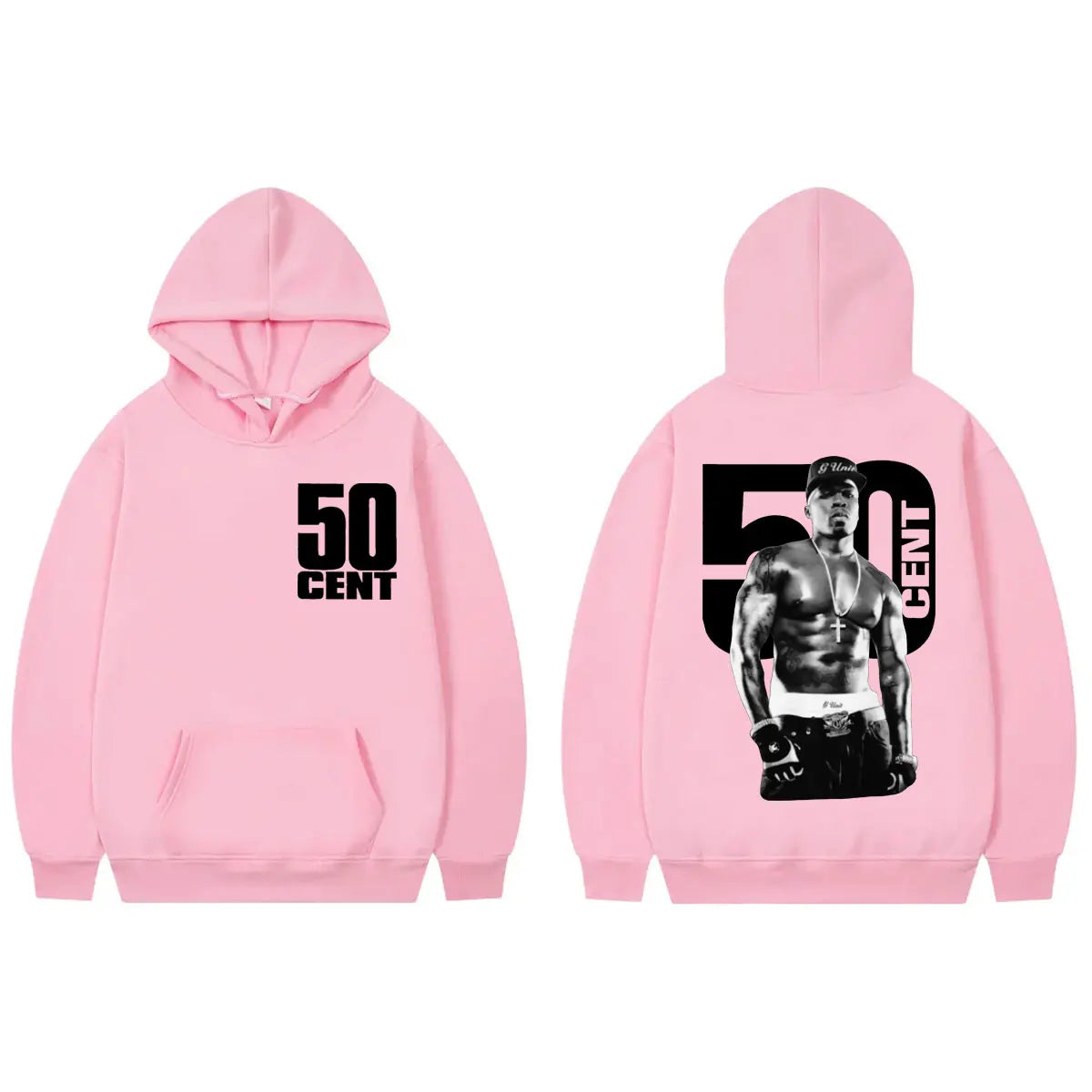 Pink 50 cent double sided print hoodie with black graphic, hip hop vintage style vintage hooded sweatshirts for men and women