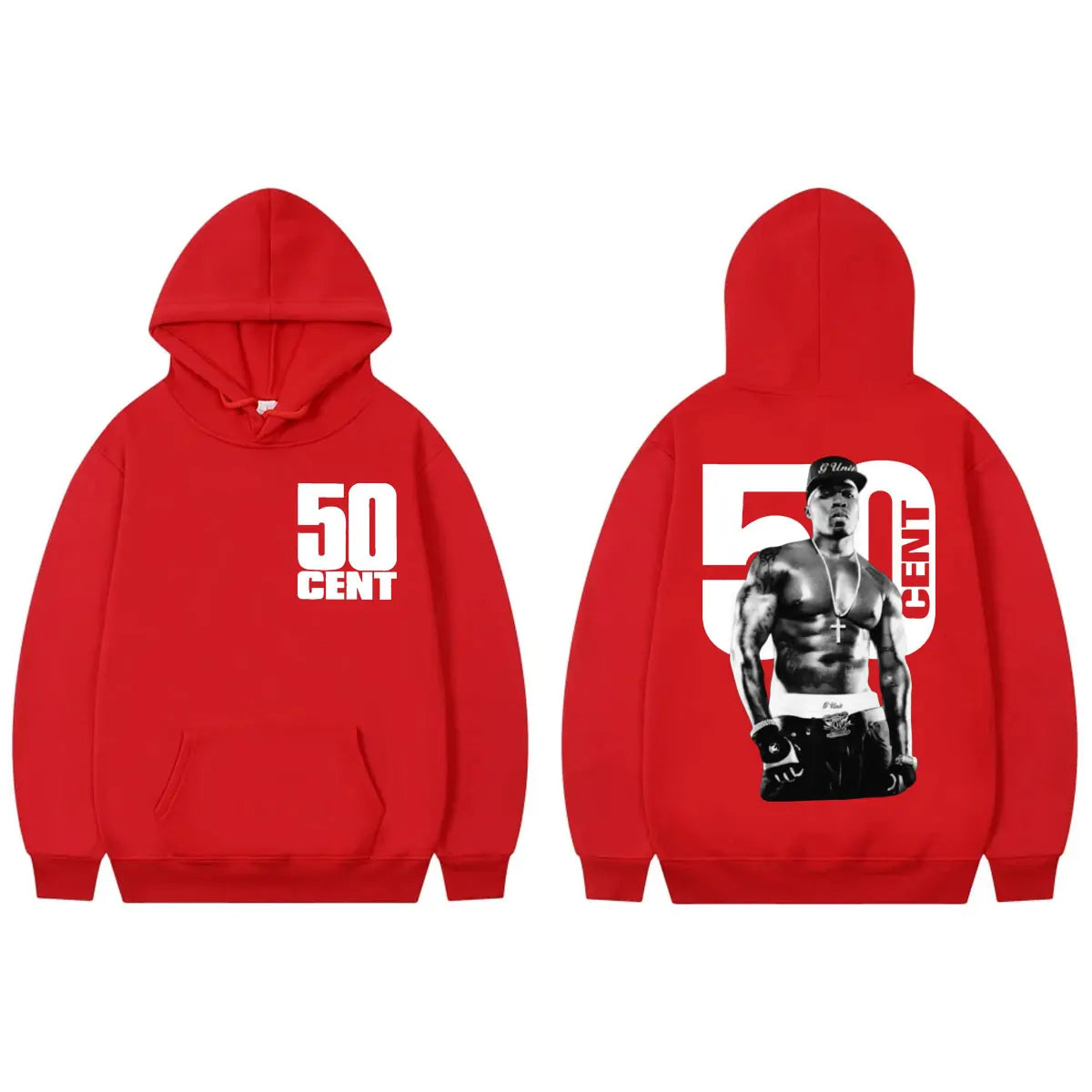 Red 50 cent double sided hip hop vintage hoodie with bold logo front and black white rapper graphic back vintage hooded sweatshirt