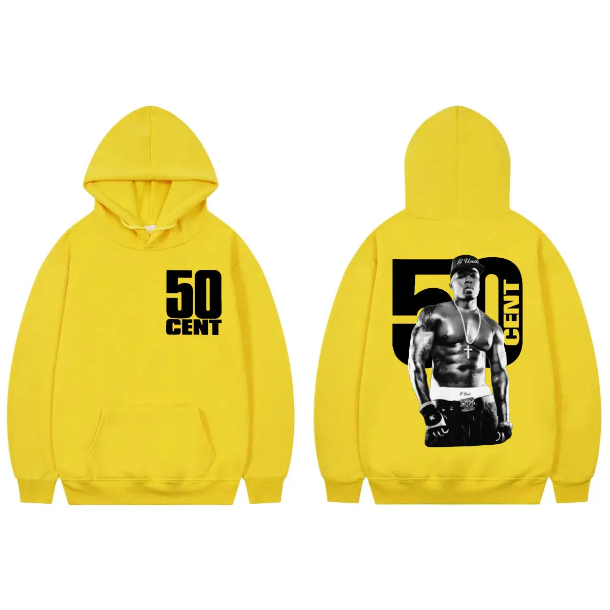 Bright yellow rapper 50 cent double sided hip hop vintage hooded sweatshirt with bold graphic print front and back
