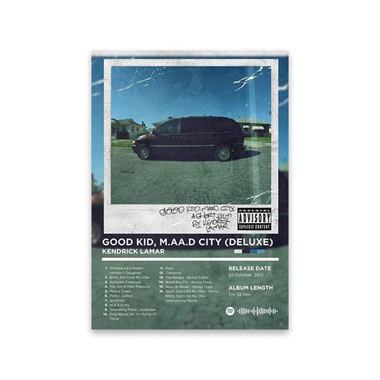 Dark maroon minivan on cracked asphalt under clear blue sky featured in rapper album cover retro poster wall art print