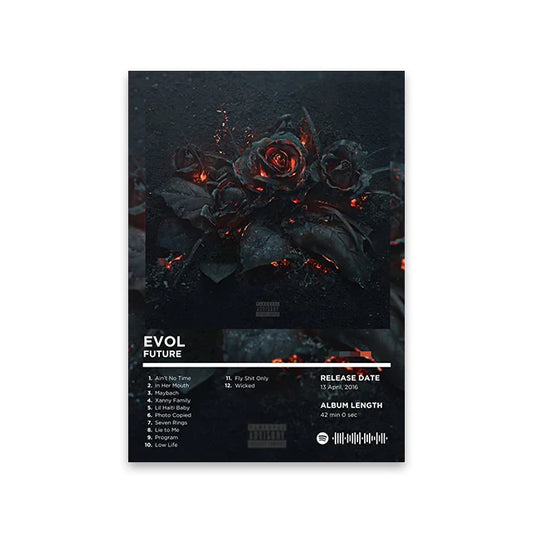 Rapper album cover retro poster featuring glowing red roses on black foliage with white text for evol by future wall art print