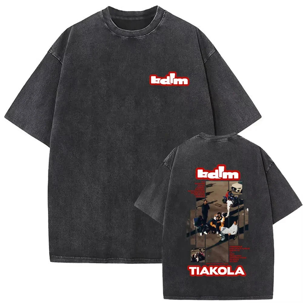 Black oversized 100% cotton vintage rapper album graphic t shirt with faded texture and red bdm logo on chest and back