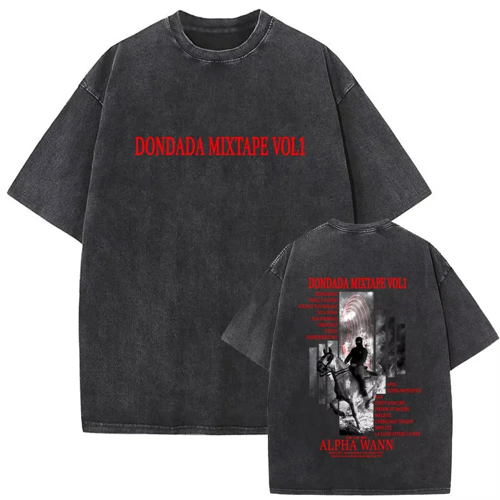 Back side of black oversized 100% cotton vintage rapper album graphic t-shirt with faded red text and horse rider print