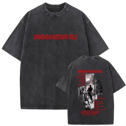Back side of black oversized 100% cotton vintage rapper album graphic t-shirt with faded red text and horse rider print