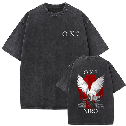 Black ox7 t-shirt back side with white dove and red cross graphic vintage hip hop fashion 100% cotton oversized top