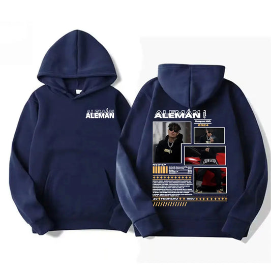 Navy blue pullover hoodie with white graphic collage and aleman branding on back for hip hop casual wear