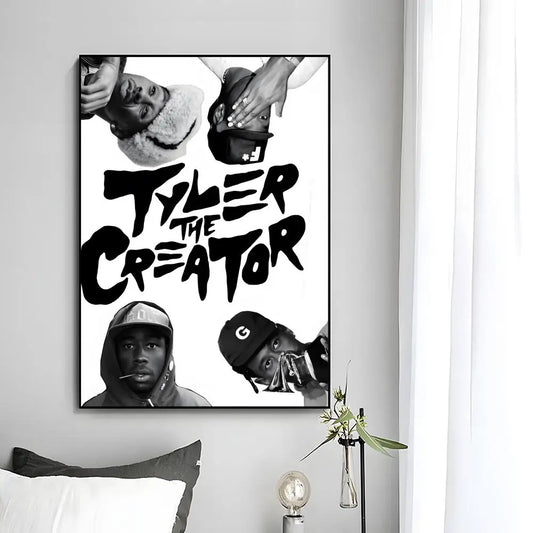 Black and white rapper alternative creator poster wall featuring bold stylized text and multiple portraits unframed