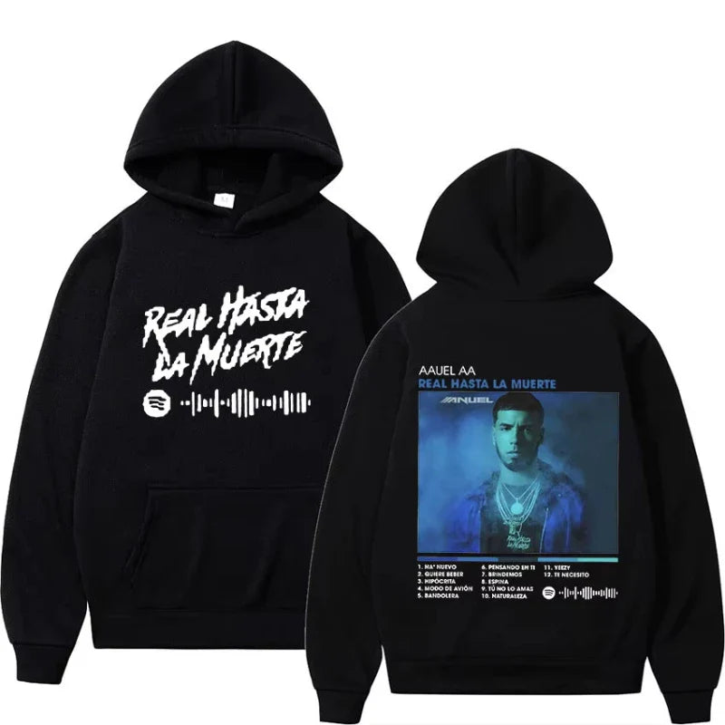 Black hoodie with white text and spotify logo on front and a$ap rocky real hasta la muerte album cover print on back