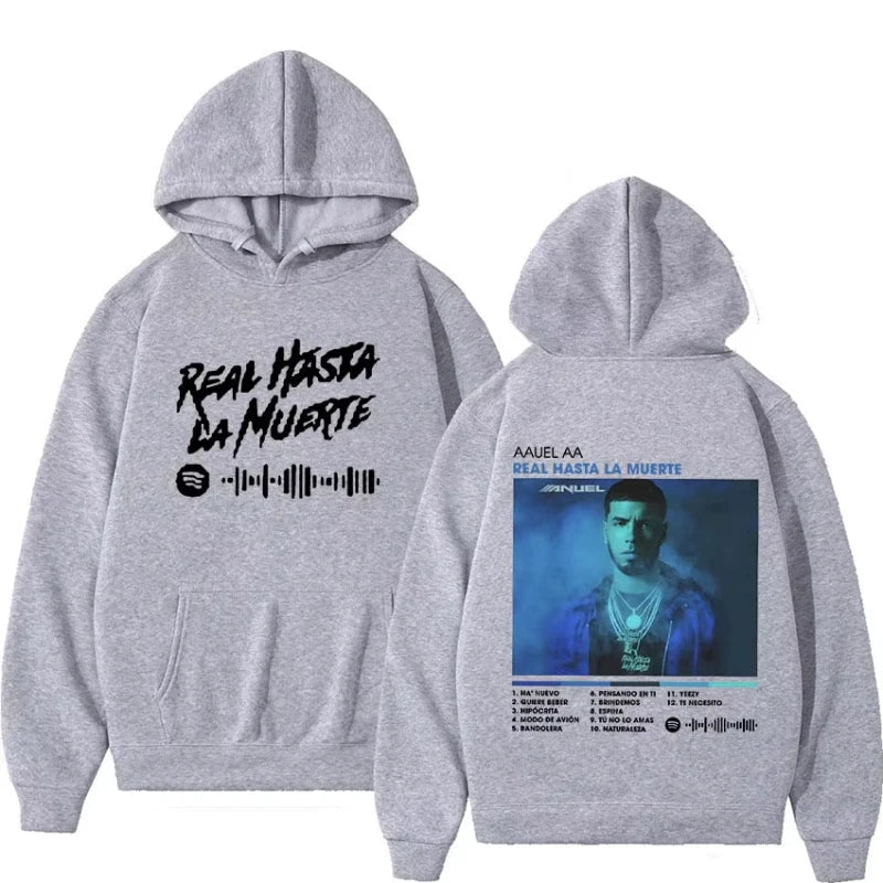 Gray heathered rapper anuel aa 2023 hoodie with black front graphic and blue album cover design on back side