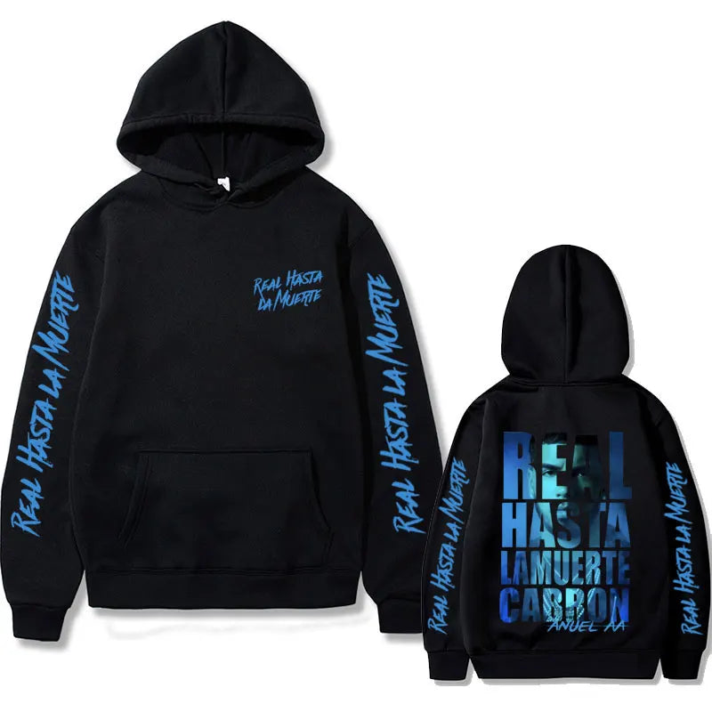 Black anuel aa hoodie with blue real hasta la muerte print on front sleeves and back vintage hoodies men women hip hop