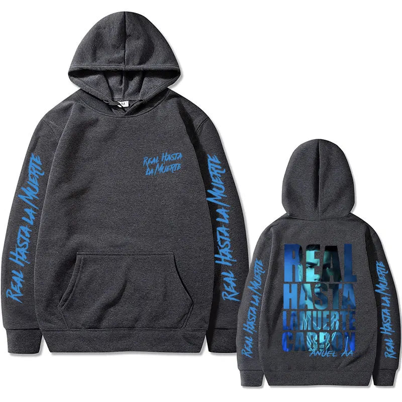 Dark gray anuel aa hoodie with blue real hasta la muerte graphic on front sleeves and back vintage hoodies men women hip hop