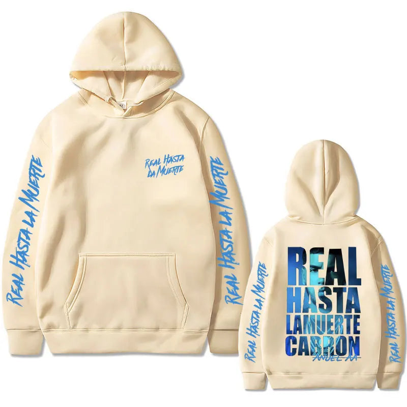 Cream-colored anuel aa hoodie with blue real hasta la muerte text and bold graphic design vintage hoodies men women hip hop