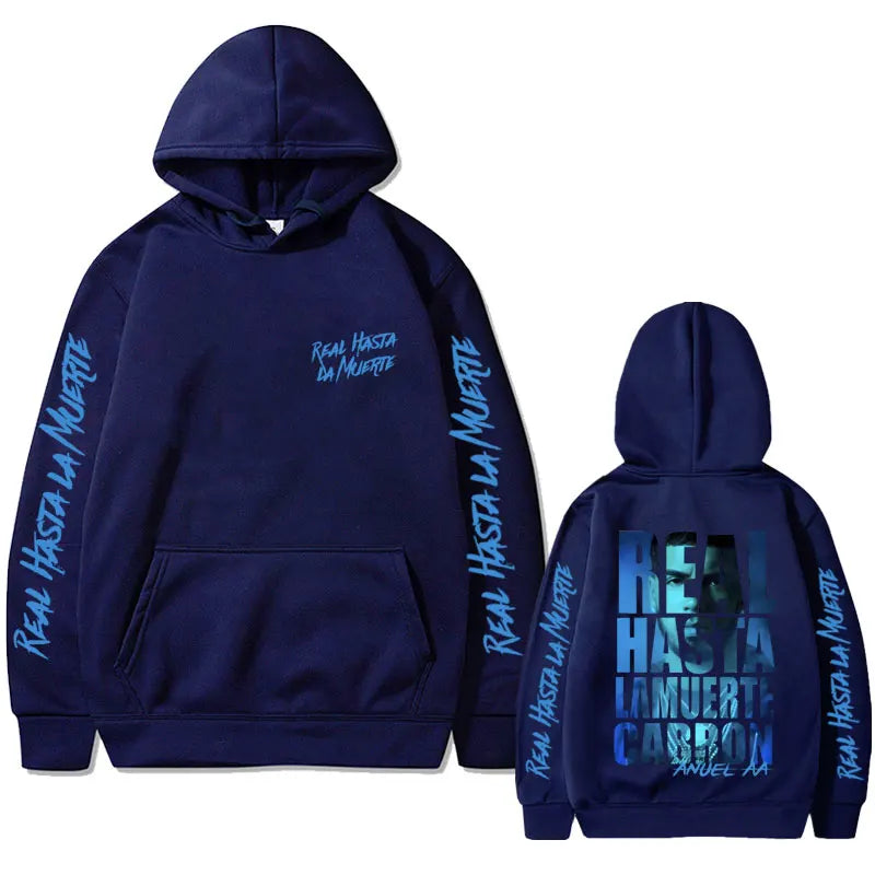 Dark navy anuel aa hoodie with real hasta la muerte print front sleeves and large graphic on back vintage hoodies men women hip hop