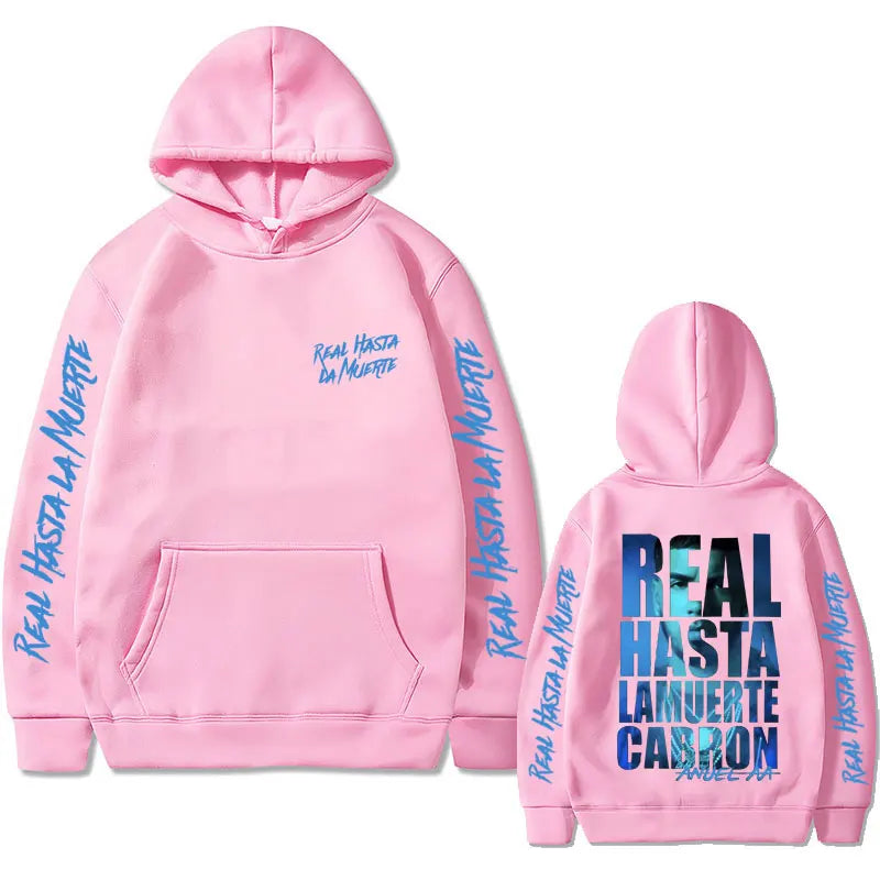 Pink anuel aa hoodie with real hasta la muerte print on front sleeves and back vintage hoodies men women hip hop streetwear