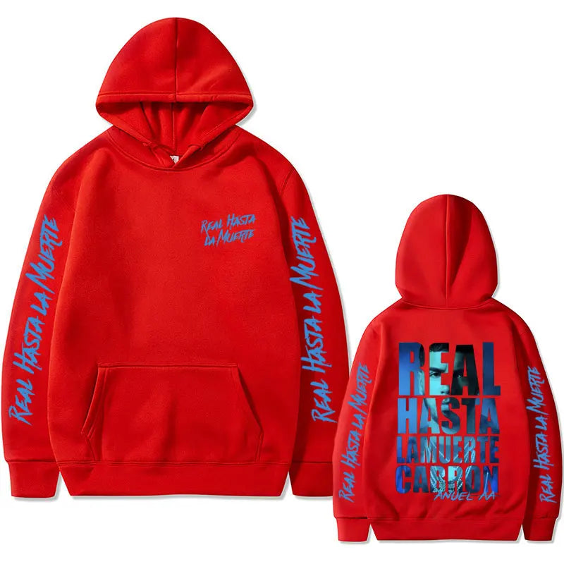 Red hooded sweatshirt featuring real hasta la muerte print in blue and black for anuel aa hoodie vintage hoodies men women hip hop