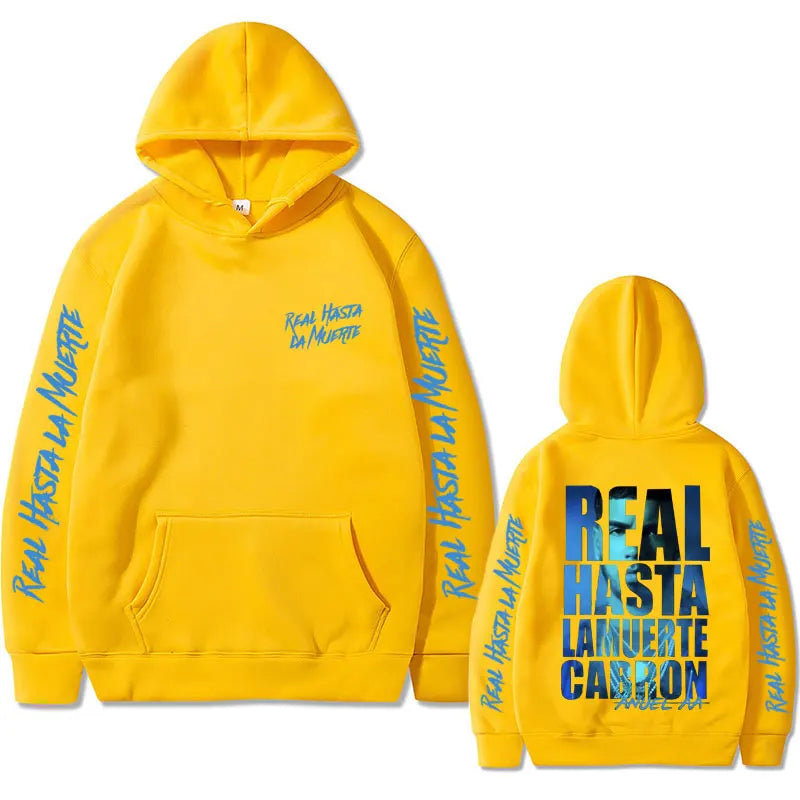 Bright yellow anuel aa hoodie with real hasta la muerte print on front sleeves and back in vintage hoodies men style