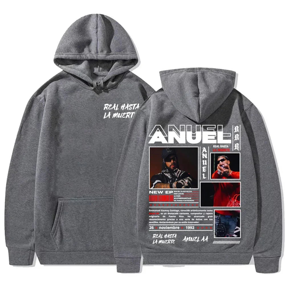 Gray hooded sweatshirt featuring anuel aa real muerte pattern printed graphic for hoodie autumn winter casual wear
