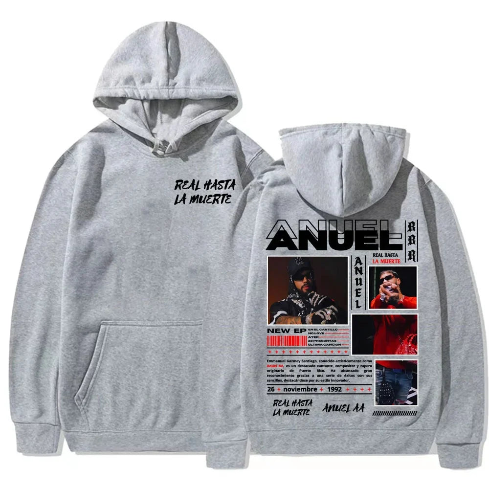 Gray hooded sweatshirt with muerte pattern printed featuring anuel aa real from the hoodie autumn winter collection