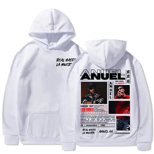 White hoodie featuring bold anuel aa real muerte pattern printed design with black and red text for autumn winter wear