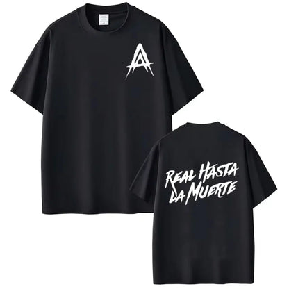 Black short-sleeved Anuel AA real hasta la muerte t-shirt with white logo front and bold graffiti-style back print