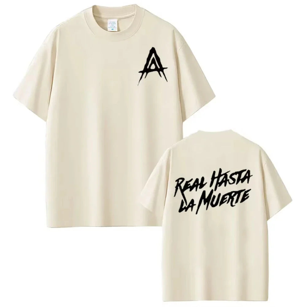 Cream-colored cotton rapper Anuel AA real hasta la muerte t-shirt with black a logo front and bold graffiti back print