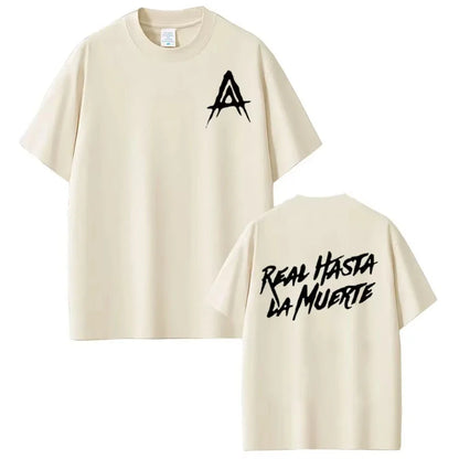 Cream-colored cotton rapper Anuel AA real hasta la muerte t-shirt with black a logo front and bold graffiti back print