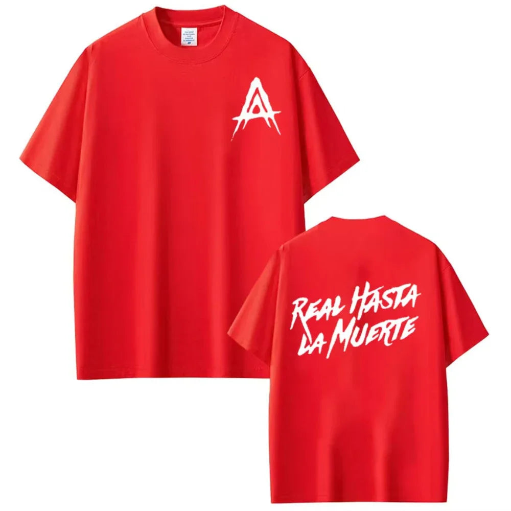 Red short-sleeved rapper anuel aa real hasta la muerte t-shirt with white stylized a logo front and phrase on back