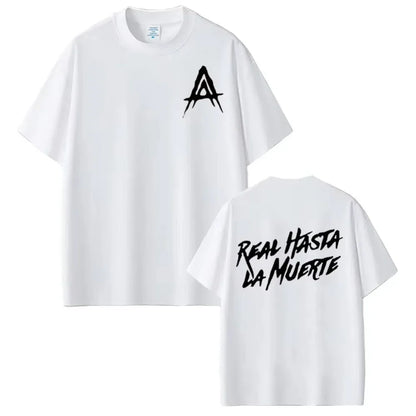 White short-sleeved rapper Anuel AA t-shirt with black stylized a logo front and real hasta la muerte graffiti back view