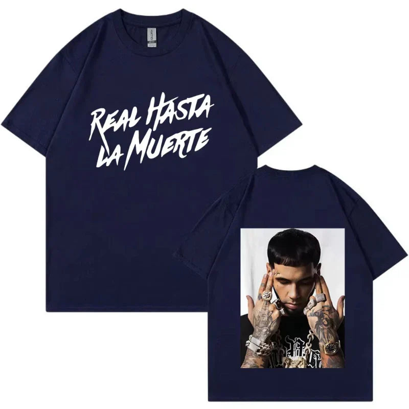 Navy blue cotton t-shirt with white graffiti text real hasta la muerte front and tattooed anuel aa real back vintage oversized tee fashion hip hop