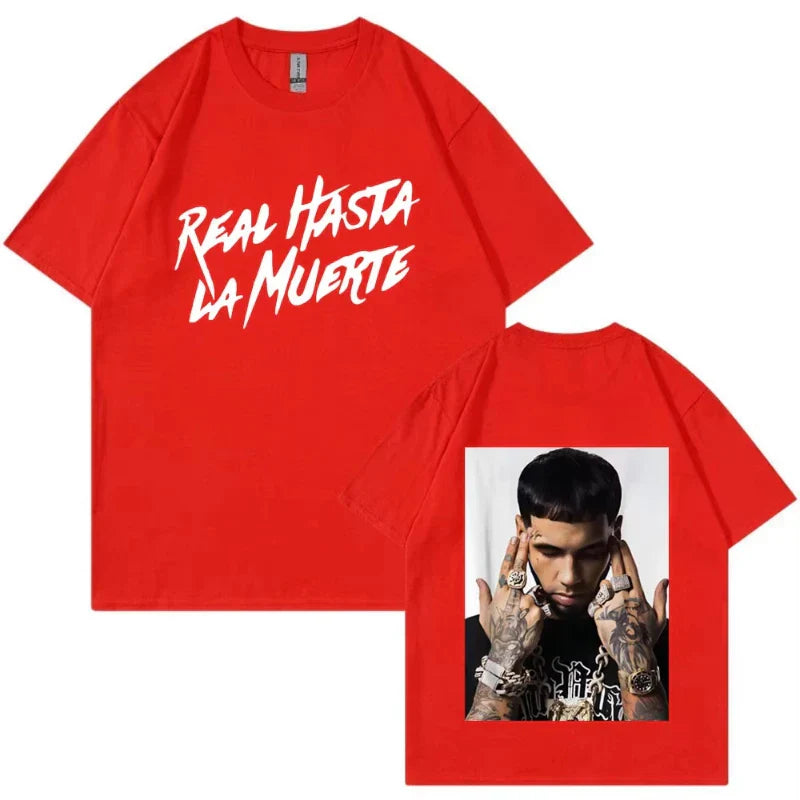 Red cotton rapper anuel aa real t shirt with bold white graffiti text front and tattooed man graphic on back fashion hip hop vintage oversized tee