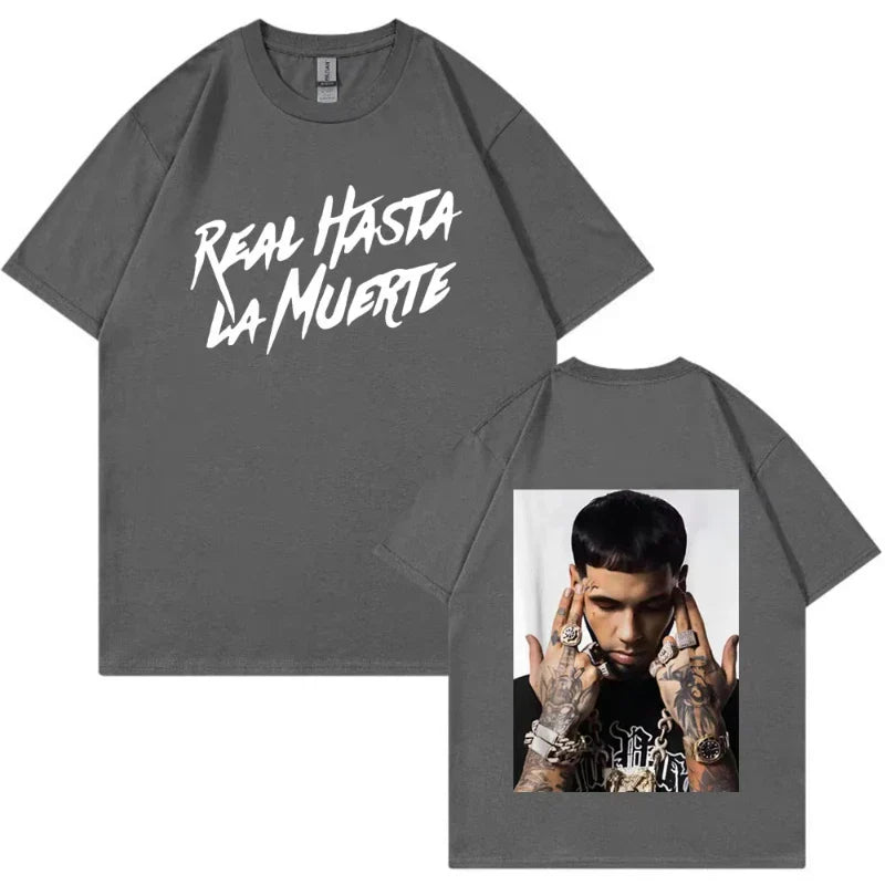 Dark gray cotton crewneck t shirt with anuel aa real graffiti text front and tattooed man print back vintage oversized tee