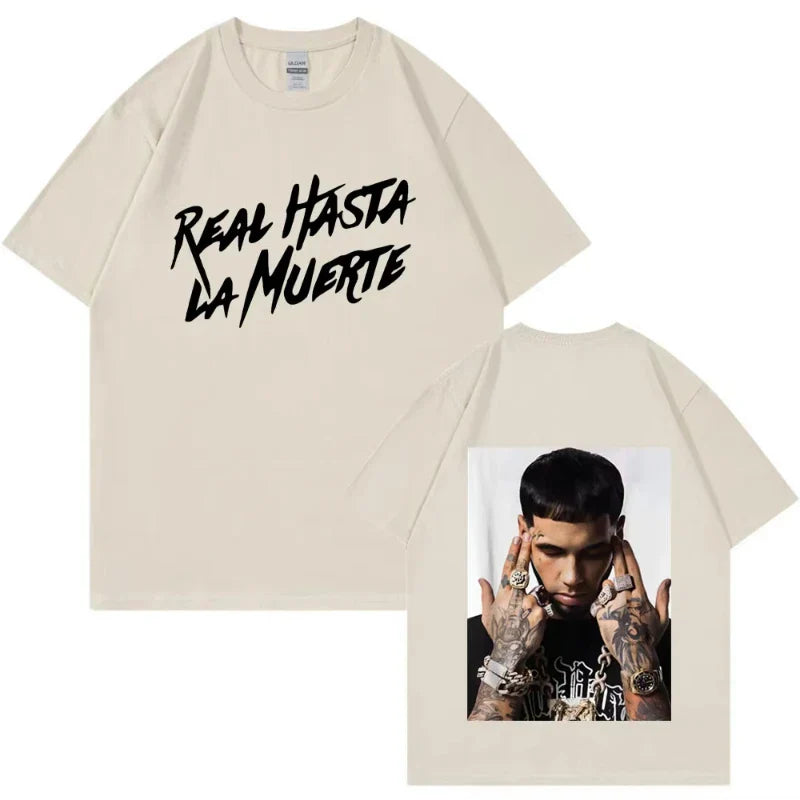 Beige cotton anuel aa real short-sleeved t-shirt with black graffiti text and tattooed man print vintage oversized tee fashion hip hop