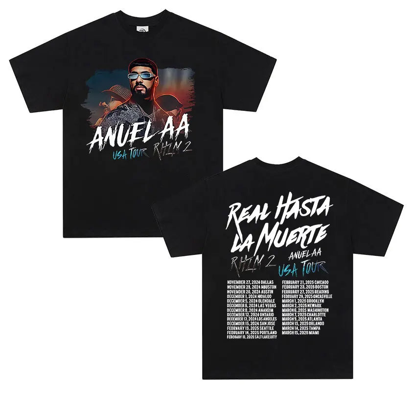 Black cotton short sleeve shirt men retro featuring anuel aa real graphic and real hastala muerte tour dates