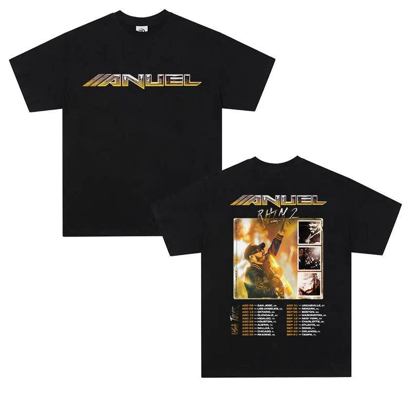 Black cotton short sleeve shirt men retro featuring gold anuel aa real logo front and real hastala muerte tour dates back