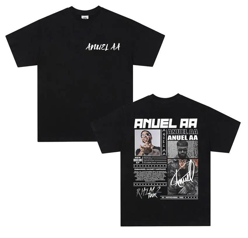 Black cotton t-shirt men retro featuring anuel aa real graphic print front and tour details on the back real hastala muerte